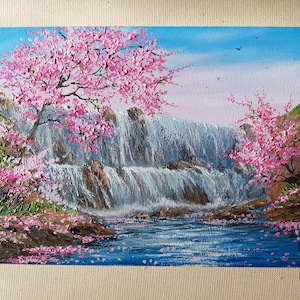 桜の近くの滝、高品質の油絵、枝にピンクの花のアート、桜の厚塗り風景画、ウクライナのセラー