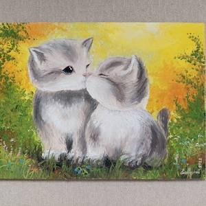 Original Painting, White and black cat love Oil Painting, Love Cats in romantic evening city, Vintage town Wall art Decor Gift for her
