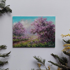 Sold. Can make it to the order. Spring Landscape. Bloom Pink Sakura Original Oil Painting. Cherry Tree Blossom Cherry In Mountain Landscape