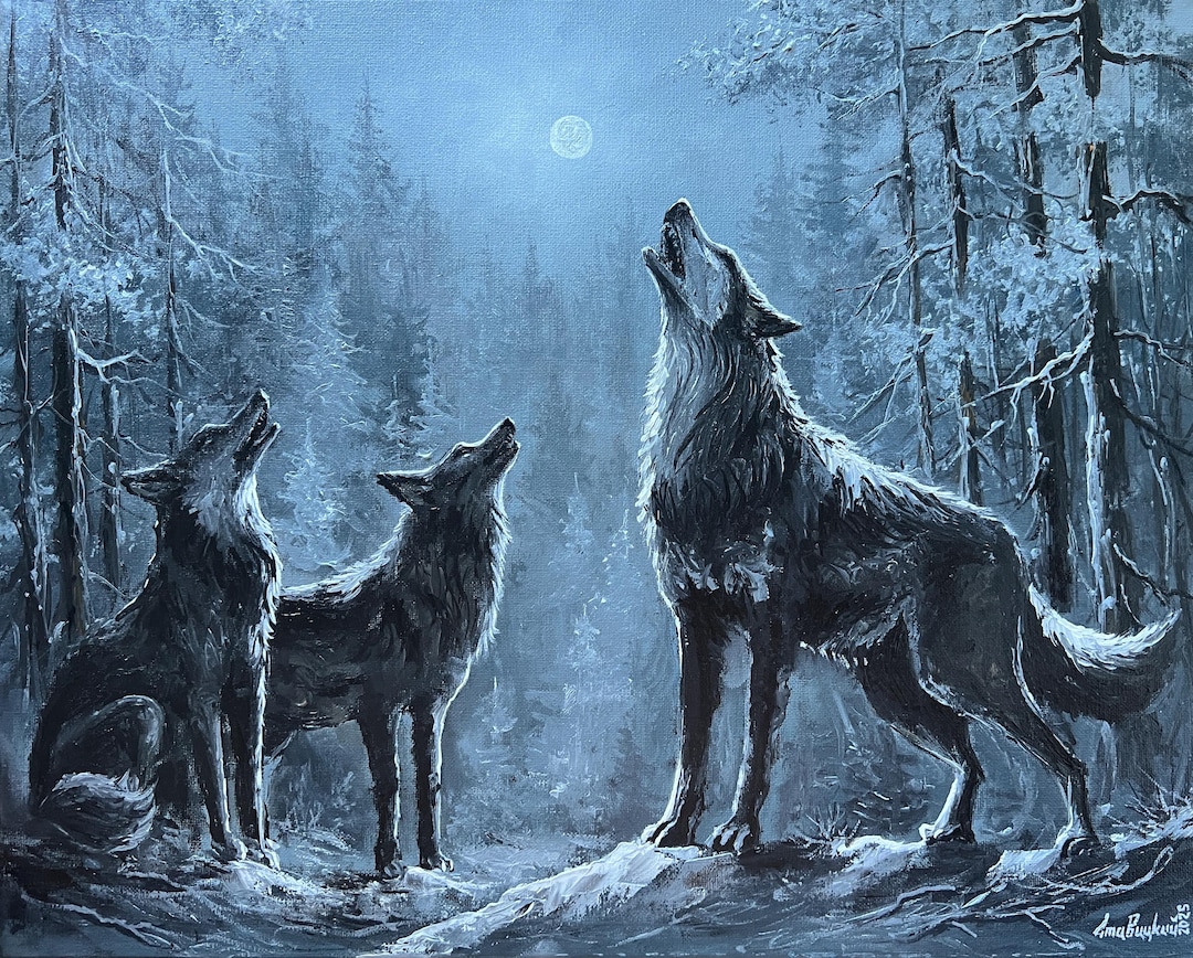 A Pack of Wolves in a Snowy Forest Howling Original Oil Painting ...