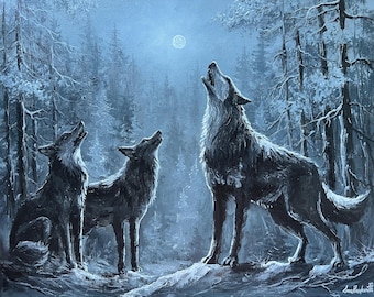 雪の森で遠吠えするオオカミの群れのオリジナル油絵。満月の下で遠吠え