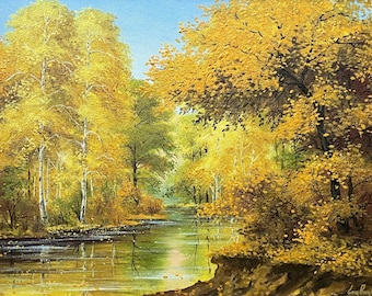 Gran cuadro de otoño sobre lienzo, vibrantes árboles coloridos de otoño en un paisaje fluvial natural en una obra de arte original hecha a mano de alta calidad.