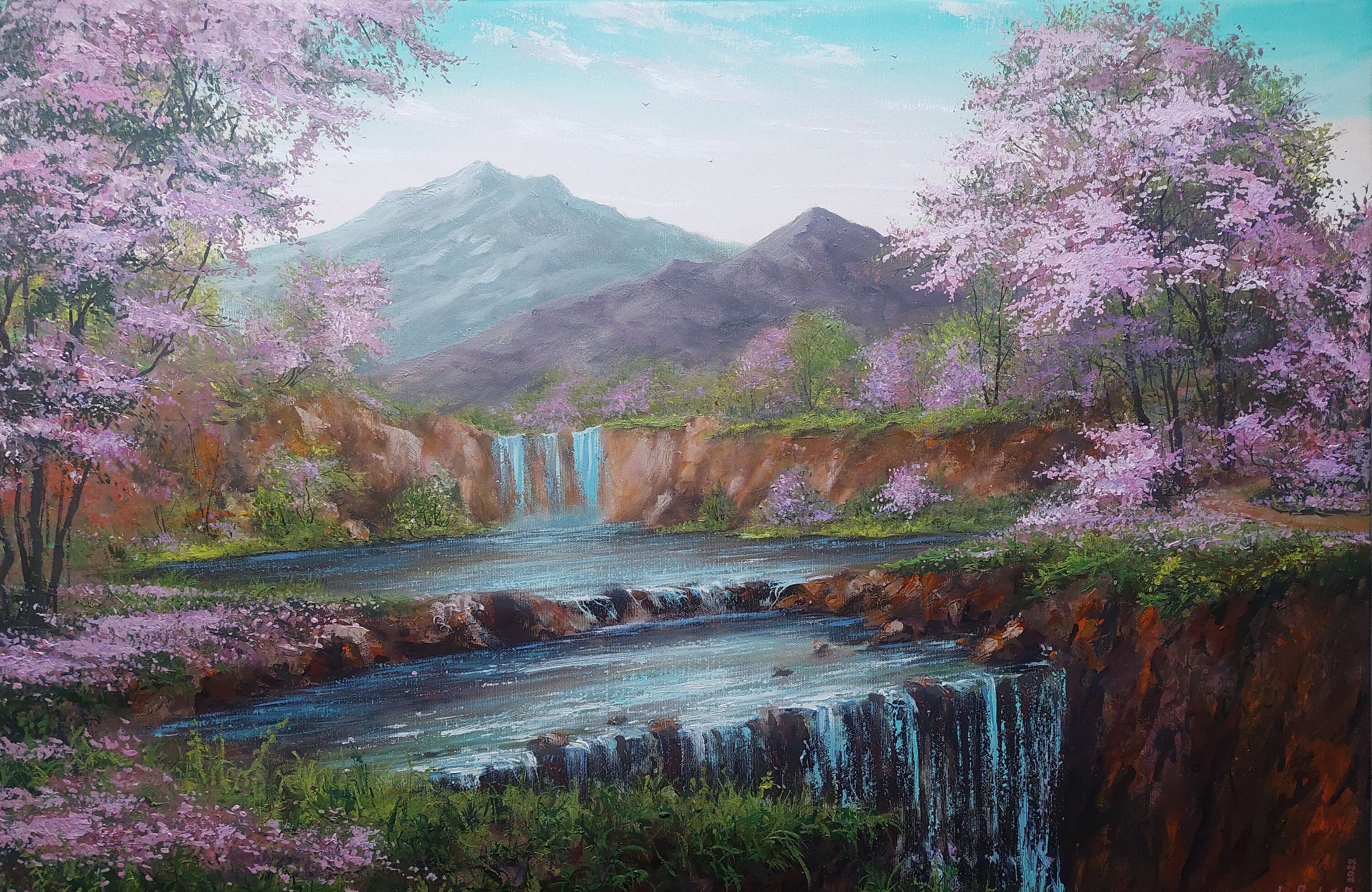 Large Blossom Sakura Landscape With Mountains and Waterfalls