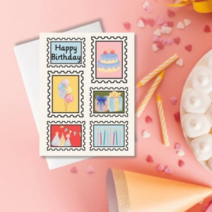 Cartão de feliz aniversário, cartão de aniversário, selos de aniversário, cartão em branco