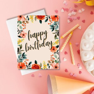 Cartão floral de feliz aniversário, cartão de aniversário, cartão de aniversário floral, cartão em branco