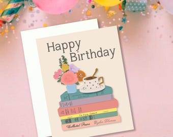 Carte de voeux de joyeux anniversaire, carte d'anniversaire, pile de livres, livresque, carte d'anniversaire livresque, amoureux des livres, carte de voeux vierge