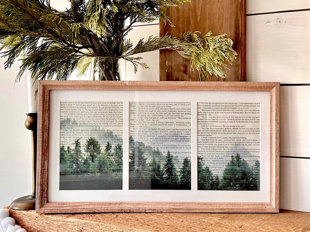 Forest and Mountain Framed Art, Book Page Prints, Pine Trees Wall Decor