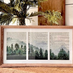 Forest and mountain framed art, book page prints, pine trees wall decor, book page art, watercolor art, nature