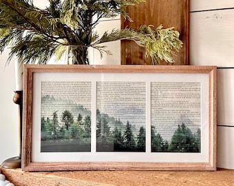 Forest and mountain framed art, book page prints, pine trees wall decor, book page art, watercolor art, nature