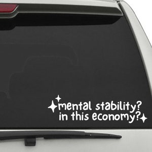 May include: White vinyl sticker on a silver car with the text "mental stability? in this economy?" with two stars on either side of the text.