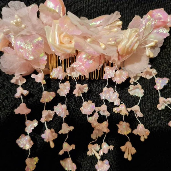 Peigne décoratif cheveux, fleurs rose.  Fille, femme