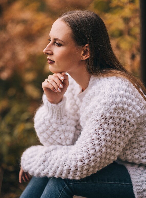 fluffy white cardigan sweater