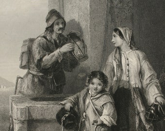 Travellers At The Well von Zeitter & Engraved Topham Engraving Original 1846 George Virtue Print, London