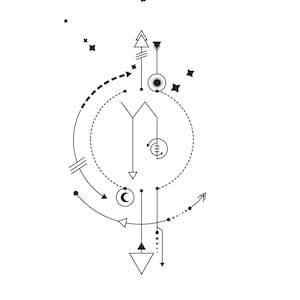 Pu&ograve; includere: Un design geometrico in bianco e nero con un cerchio, frecce e stelle. Il design ricorda una costellazione o una mappa celeste.