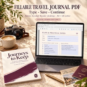 May include: A digital fillable travel journal PDF titled Journeys to Keep displayed on a laptop screen and a printed cover. The screen shows a travel plan for an Iceland road trip. Includes a camera, a coffee mug, a pen, and a passport on the table.
