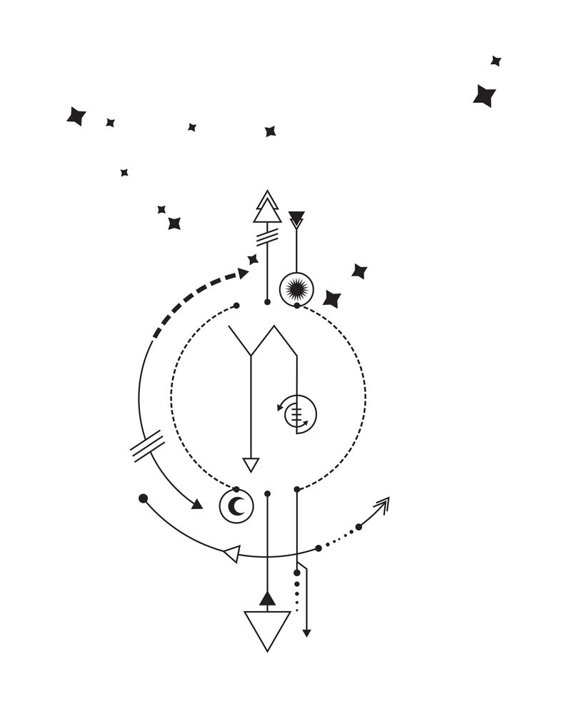 Pu&ograve; includere: Un design geometrico in bianco e nero con un cerchio, frecce e stelle. Il design ricorda una costellazione o una mappa celeste.