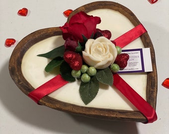 Heart Shaped Wood Dough Bowl Candle, Hand Carved Soy Wax Home Fragrance