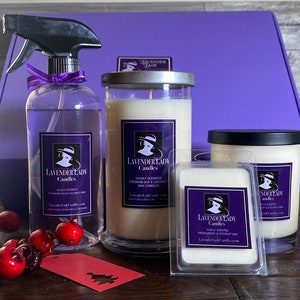 Candle Gift Set. Ready to Give! Two Large Highly Fragranced Soy Candles, 16 oz Linen Spray, & Wax Melt In a Gift Box. Pick Your Scent!