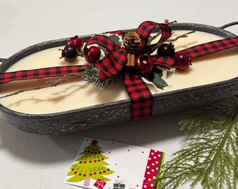 Large Christmas Candle in Metal Tray: Holiday Decor, Ready to Gift