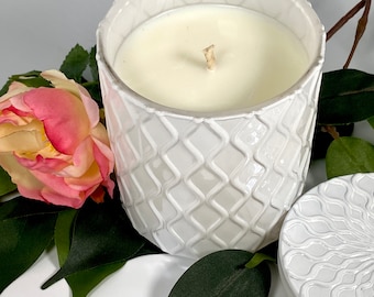 Scented Soy Candle: White Lidded Glass Jar, 12 oz