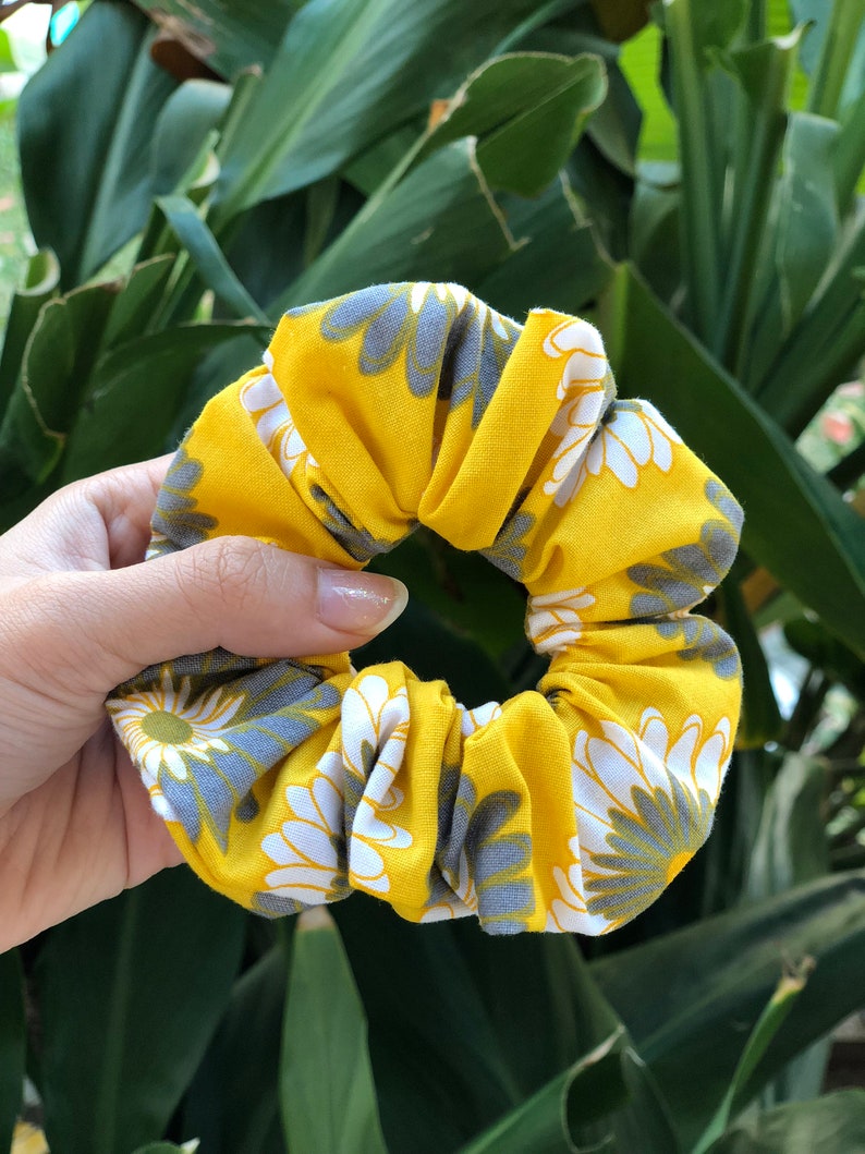 Yellow with WhiteGray Flowers Scrunchie