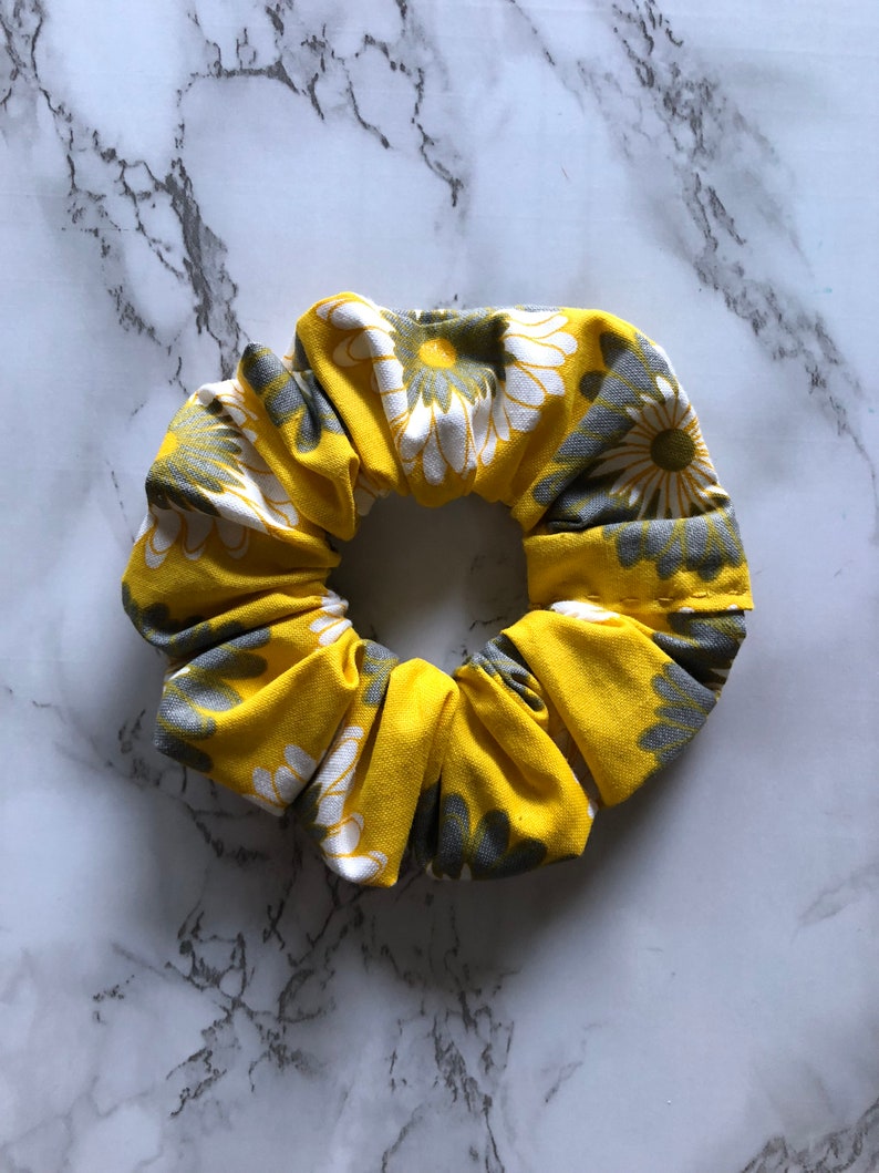 Yellow with WhiteGray Flowers Scrunchie