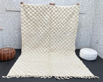 Hand Woven Wool Moroccan Rug: Cream White Checkered Beni Ourain Carpet