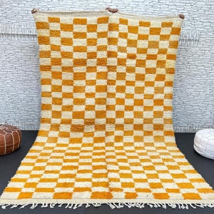 Yellow Checkered Beni Ourain Rug: Hand-Knotted Moroccan Berber Wool