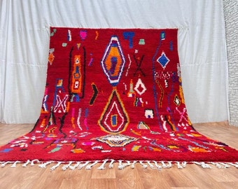 Aangepast Marokkaans rood tapijt, fantastisch boujad-tapijt, authentiek Marokkaans tapijt, Azilal-tapijt, abstract tapijt, handgemaakt Marokkaans tapijt, aangepast boho-tapijt.