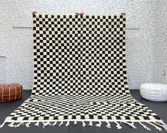 Hermosa alfombra marroquí negra hecha a mano -Alfombra de área a cuadros -Alfombra negra a cuadros -Alfombra de tablero de ajedrez-Alfombras boho-Alfombras tejidas a mano - Largk Rug.e Blac