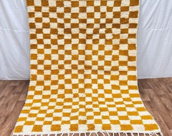 Checkerboard Moroccan Rug – Handmade Wool Berber Carpet, Mustard Yellow
