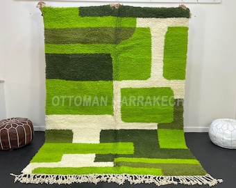 Green Moroccan Rug – Handmade Wool Berber Carpet, Abstract Geometric
