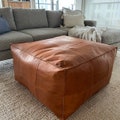 Square Tan Leather Ottoman Pouf, Handmade Moroccan Footstool (Unstuffed)