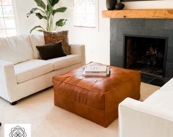 Handmade Moroccan Leather Square Ottoman Pouf, Tan
