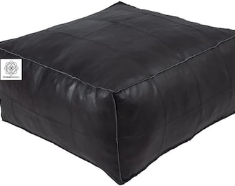 Incredibile pouf ottomano quadrato in pelle marocchina, pouf quadrato, pouf nero fatto a mano, pouf quadrato marocchino