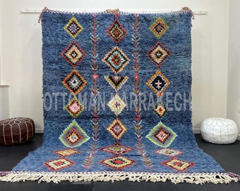 Blue Moroccan Rug – Handmade Wool Berber Carpet, Colorful Diamond