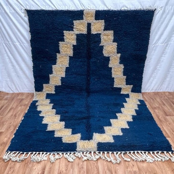 CUSTOM BENIOURAIN CARPET, Moroccan Handmade Rug,Royal Blue And White Rug, Abstract Rug,Handmade Wool Carpet,Azilal Berber Rug,Handwoven Rug.