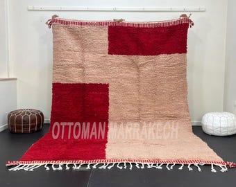 Alfombra marroquí roja: alfombra bereber de lana hecha a mano, moderna, con bloques de color