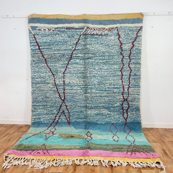 Moroccan Berber Rug – Blue Handmade Wool Rug – Minimal Abstract Shag Rug – Boho Moroccan Area Rug ( 9.7x6.5 ft )