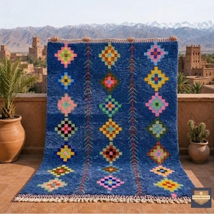 Alfombra marroquí azul – Alfombra bereber de lana hecha a mano – Alfombra Azilal colorida – Alfombra marroquí bohemia – Alfombra tribal de pelo largo