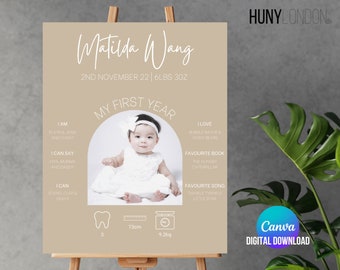 Boho Neutral Photo First Birthday Milestone Board Template Sign | Beige Milestone Board | Baby Milestone Board | 1st Birthday Sign