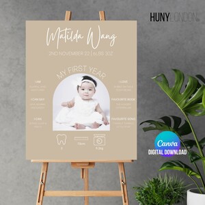 Boho Neutral Photo First Birthday Milestone Board Template Sign | Beige Milestone Board | Baby Milestone Board | 1st Birthday Sign