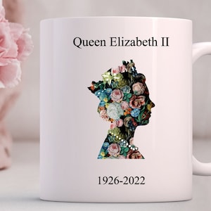 Queen Elizabeth II Mug Memorabilia Gift - Platinum Jubilee Commemorative - The Queen&#39;s Emblem - God Save The Queen - Mug Gift - Floral