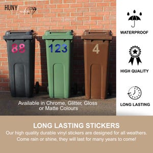Custom Bin Sticker | Personalised Wheelie Bin Decal | House Number & Street Name | Outdoor Vinyl Label – Glitter, Chrome, Matte