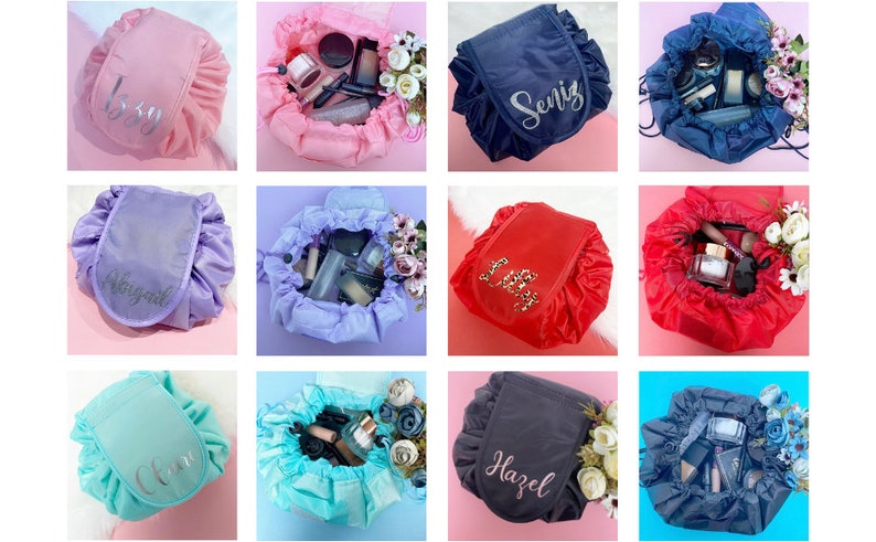 May include: Twelve different drawstring makeup bags in various colors, each with a personalized name embroidered on the front. The bags are filled with makeup and other toiletries.