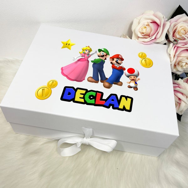 Super Mario Gift Box with Ribbon & Magnetic Lid | Mario Brothers, Princess Peach, Mario Bro. | Personalised Gift, Christmas, Birthday Box