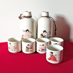 Japanese Vintage Set of Tokkuri and Ochoko with Shunga of a Kimono-clad Woman
