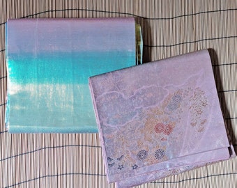 Rare Aurora & Pink-Silver Japanese Fukuro Obi – Cyber-Chic Gloss with Subtle Chrysanthemum Design