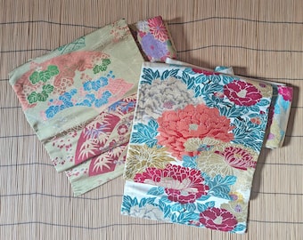 Antique 1930s Nagoya Obi Set – Vibrant Peonies on White & Multicolor Floral Patterns on Beige