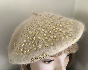 Vintage French Beret/French Style Autumnal Beret/Beige Beret & Gold Sequins/  Woman’s Accessories/ Spring Beret/Woman’s Clothes/ Her Basque